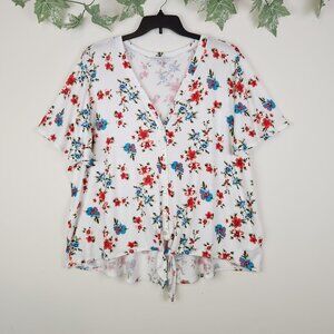 Green Envelope Size 3XL Floral Multicolor V-Neck Tie Front Short Sleeve Top